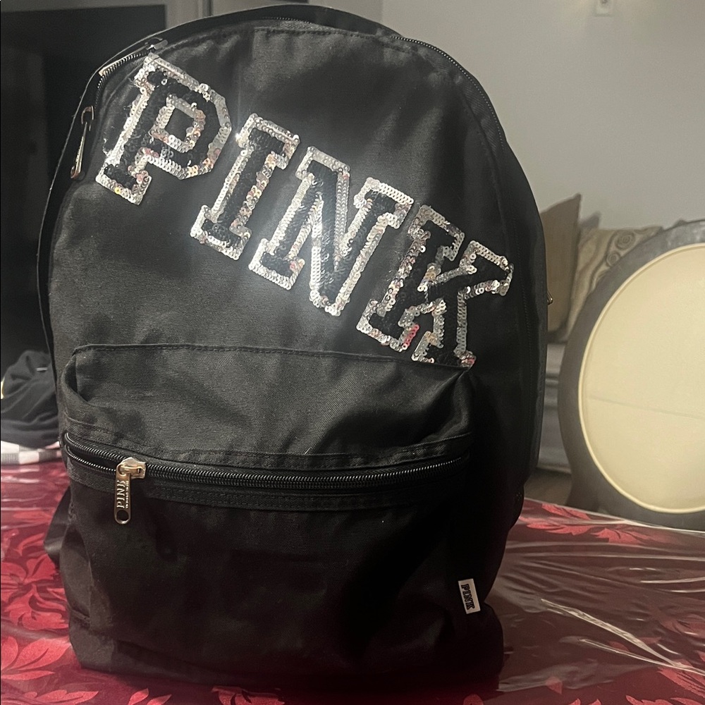 PINK Victoria's Secret Black Backpack with Glittering Silver Logo